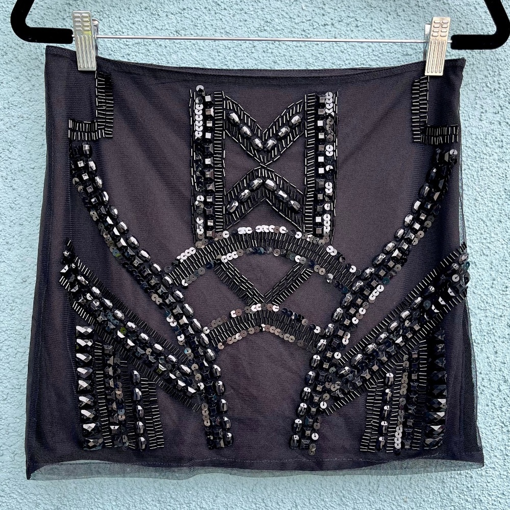 Beautiful Black Mini Skirt With Sheer Beaded & Sequined Overlay  Size Large  NWT